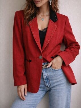 Vintage‎ Red Western Studded Blazer Suede Collar Rodeo Cowgirl Jacket Medium
